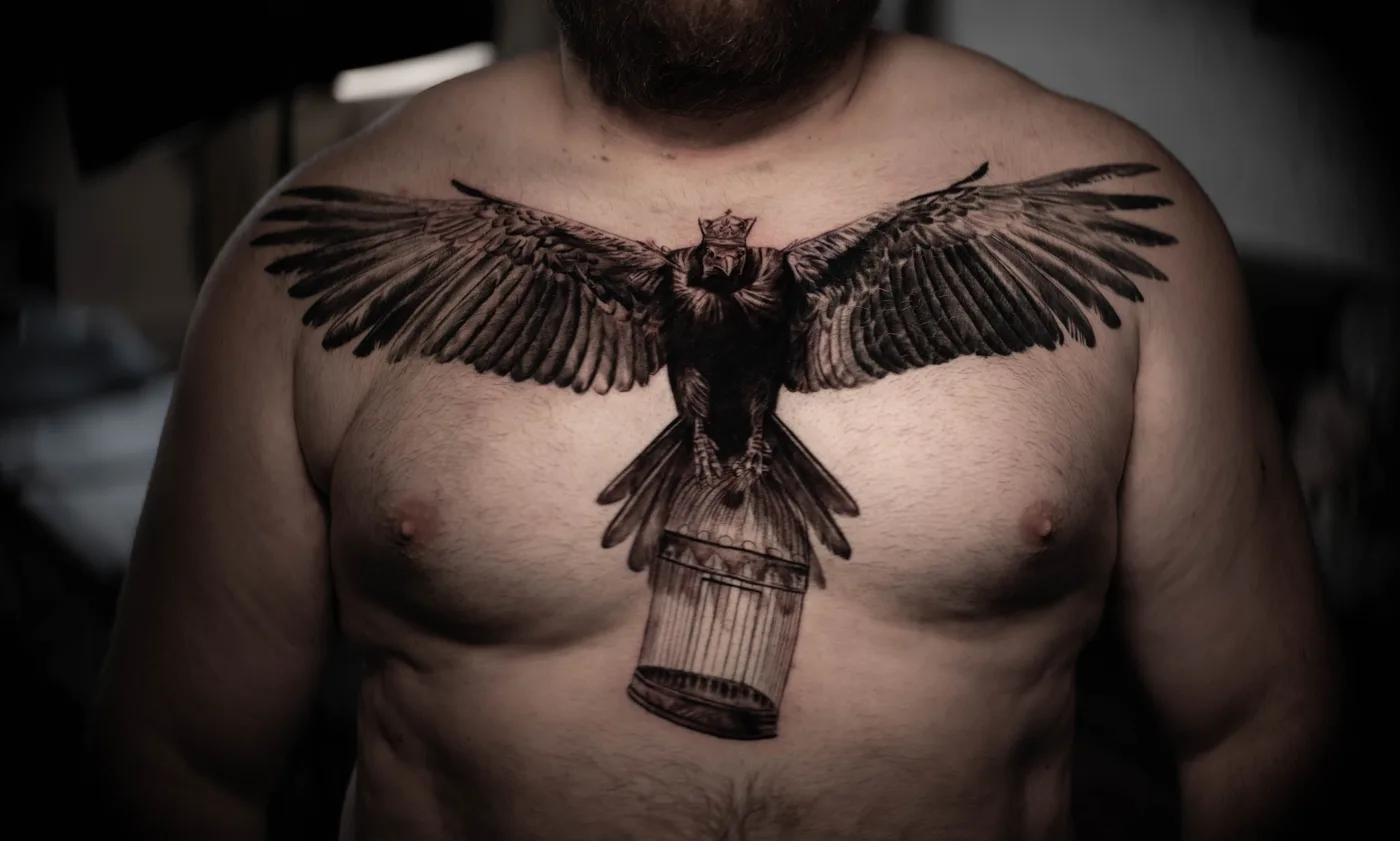 Poitrine, rapace couronné réaliste noir et gris — Nima Tattoo Montréal
