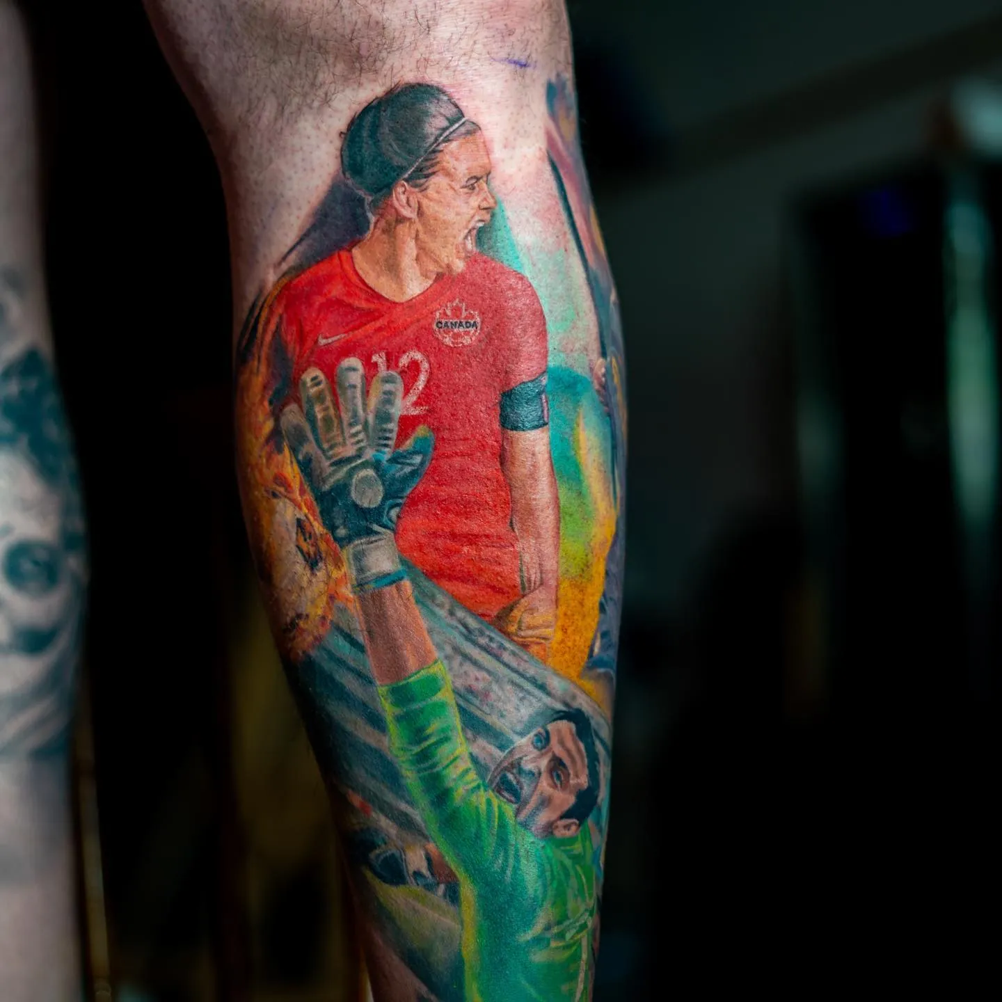 Mollet, portrait réaliste en couleur de Christine Sinclair — Nima Tattoo Montréal